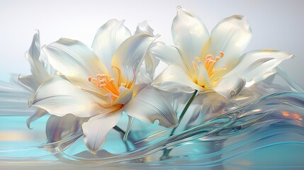  two white flowers floating in water on a blue surface with a white background.  generative ai