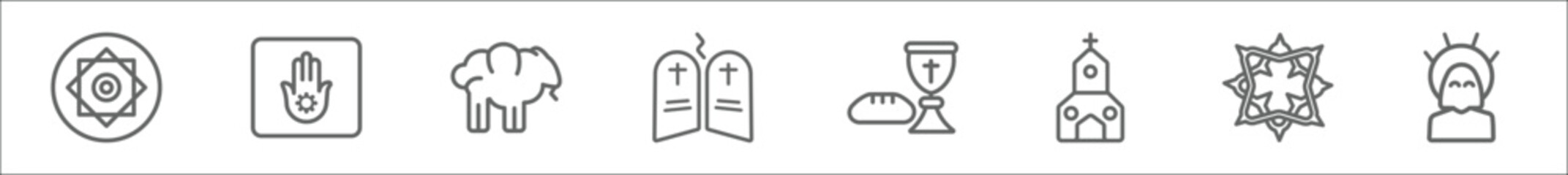 outline set of religion line icons. linear vector icons such as rub el hizb, jainism, lamb, commandments, communion, orthodox, crown of thorns, jesus - obrazy, fototapety, plakaty
