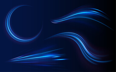 Light line neon swirl effect. Vector glitter light fire flare trace. Bokeh blue light glitter round wave line with sparkling particles. Magic sparkle swirl trail effect on transparent background	