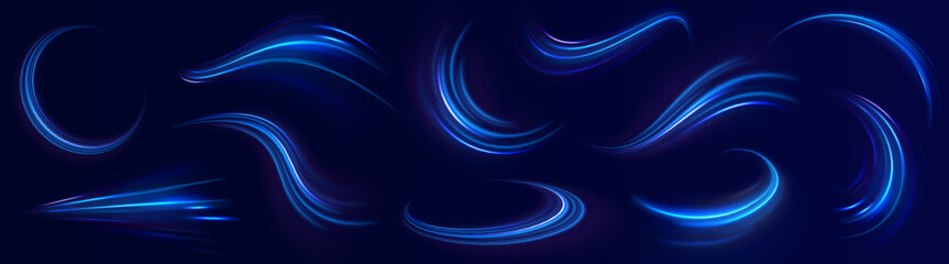 Speed light streaks vector background with blurred fast moving light effect, blue purple colors on black. Glowing street exposure. Blurred motion. Sparkling flow. Vector abstract dynamic dark.	