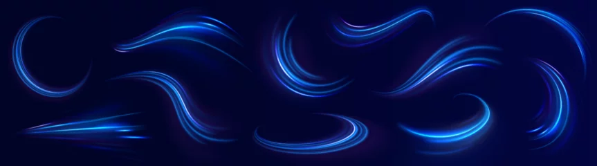 Foto auf Leinwand Speed light streaks vector background with blurred fast moving light effect, blue purple colors on black. Glowing street exposure. Blurred motion. Sparkling flow. Vector abstract dynamic dark.  © Vitalii