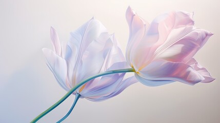  two white flowers with a blue stem on a light blue background.  generative ai
