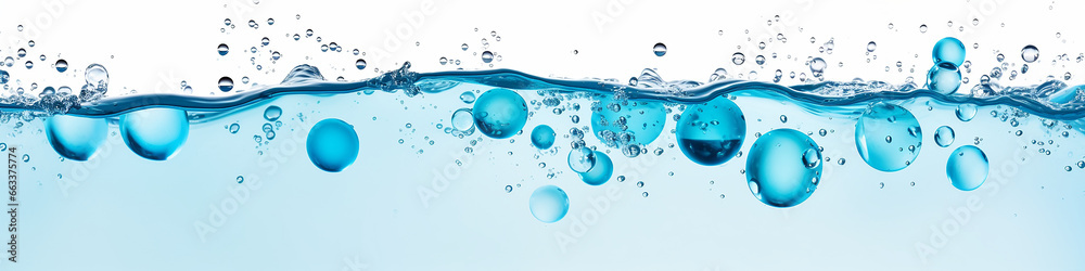 Wall mural narrow panorama of bubbles in clear blue water background.