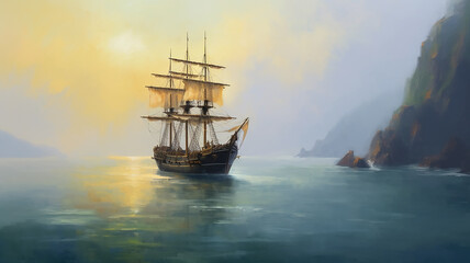 brigantine ship sailboat seascape drawing art. - obrazy, fototapety, plakaty