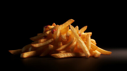 Obraz premium Gros plan sur des frites sur fond noir Alimentation, fast food, nourriture. Pour conception et création graphique.