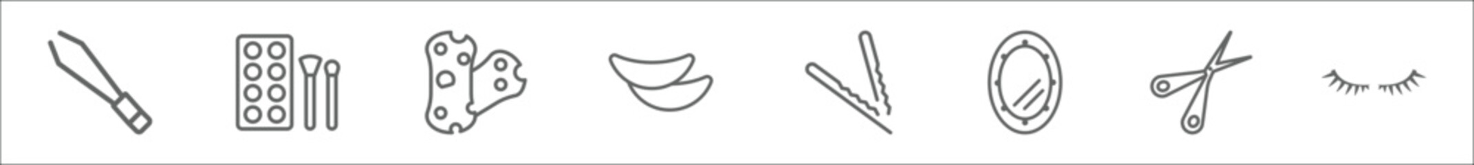 Obraz premium outline set of beauty line icons. linear vector icons such as tweezers, make up, bath sponge, eye patch, bobby pins, makeup mirror, hair scissors, two eyelashes
