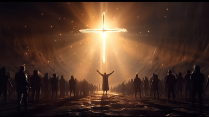 glowing cross crowd of people silhouettes. faith hope religion. - obrazy, fototapety, plakaty