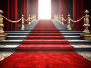 Fototapeta premium A luxurious red carpet was rolled out to the film premiere. a long red carpet between the rope barrier and the stairs under the bright light.