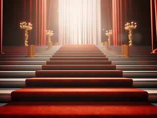 red carpet steps leading to the ceremonial event. The red carpet rolls out to a glamorous film premiere. generative AI