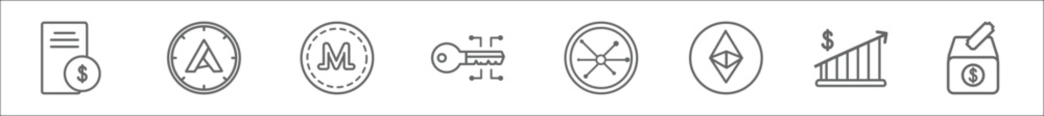 outline set of economyandfinance line icons. linear vector icons such as bonds, , crypto key, decentralized, budget diagram,