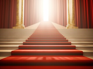 A luxurious red carpet was rolled out to the film premiere. a long red carpet between the rope barrier and the stairs under the bright light.