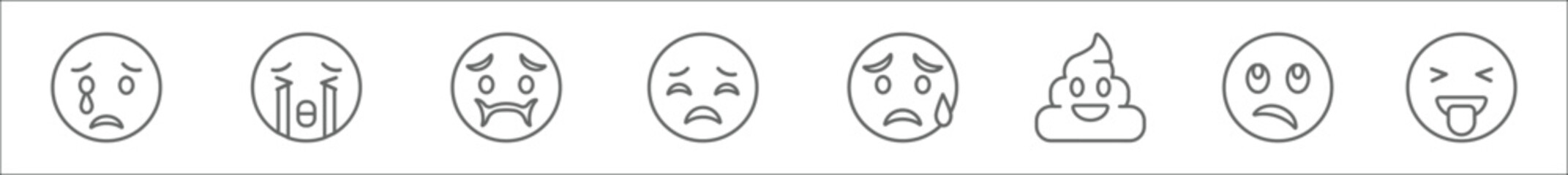 outline set of emoji line icons. linear vector icons such as cry emoji, crying emoji, nauseated disappointed worried poo sceptic crazy - obrazy, fototapety, plakaty