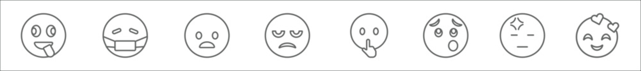 outline set of emoji line icons. linear vector icons such as stupid emoji, ill emoji, frowning with open mouth annoyed shushing wondering headache love