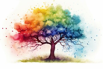 Colorful tree with a watercolor painting style depicting a rainbow. Generative AI