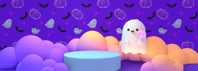3d rendered cartoon Halloween podium and cute ghost with lollipop.