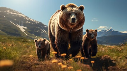 North American grizzly bears, featuring their powerful presence in the wild. Generative AI - obrazy, fototapety, plakaty
