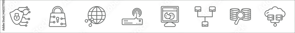 Poster outline set of networking line icons. linear vector icons such as cyber security, traffic encryption