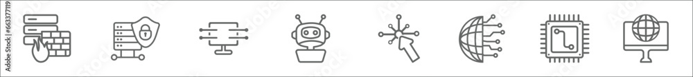 Poster outline set of networking line icons. linear vector icons such as firewall, data locked, data stream