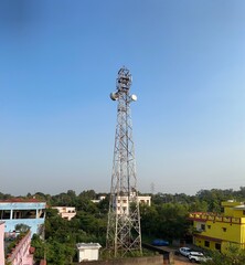 Mobile network antenna in city or town or forest, telecommunication tower with antennas, 