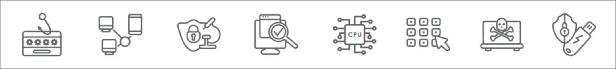 outline set of internet security line icons. linear vector icons such as phishing, networking, medical research, scan, processor, passkey, internet attack, pendrive security