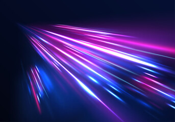 Speed light streaks vector background with blurred fast moving light effect, blue purple colors on black. Glowing street exposure. Blurred motion. Sparkling flow. Vector abstract dynamic dark.	