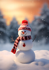 Obraz premium Snowman in winter atmosphere blurred pine tree background