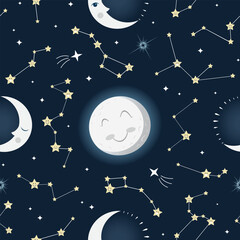 Full moon moon and crescent moon between cheerful constellations. Good night vector pattern for nursery. - obrazy, fototapety, plakaty