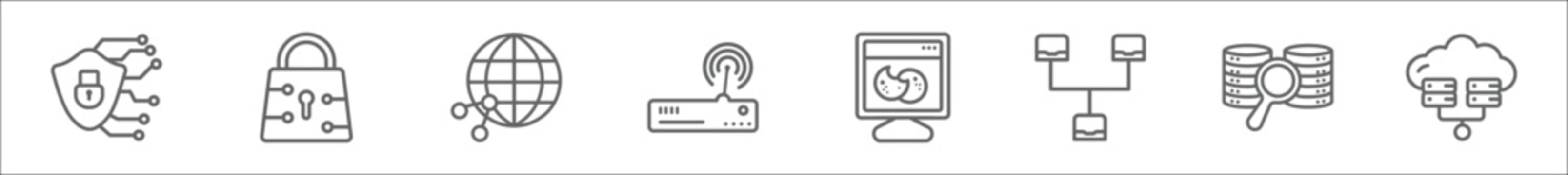 Outline Set Of Networking Line Icons. Linear Vector Icons Such As Cyber Security, Traffic Encryption, Network Conection, Modem, Web Cookies, Local Network, Data Search, Virtualization