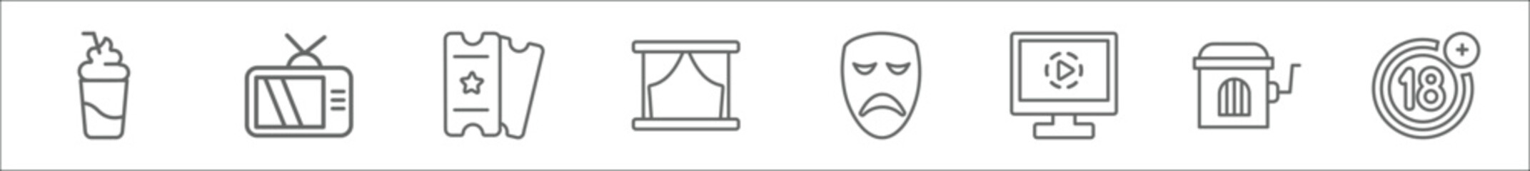 outline set of cinema line icons. linear vector icons such as smoothie with straw, television with antenna, tickets, theatre screen, sad mask, animation, cinema hurdy gurdy, plus 18 movie