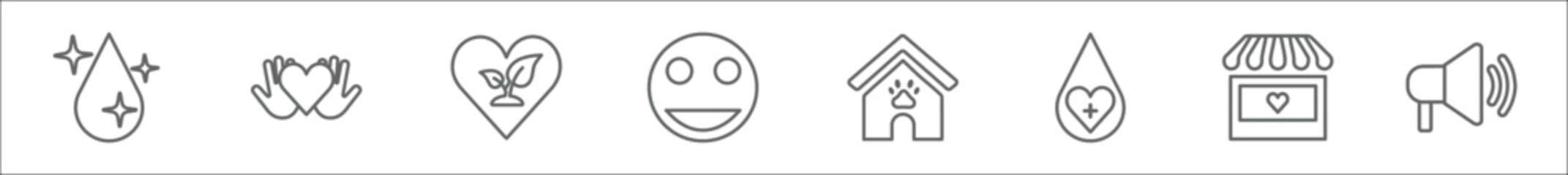outline set of charity line icons. linear vector icons such as clean water, charity, plant heart, smiley face, animal shelter, blood donation, charity shop, loudspeaker