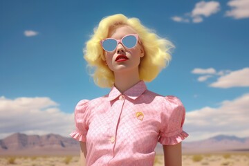 Blonde Frau mit Himmel in rosa Kleid 