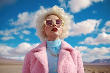 Blonde Frau mit Himmel in rosa fake fur Mantel