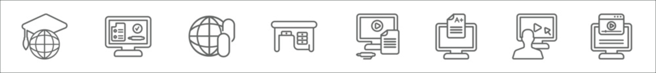 outline set of e learning line icons. linear vector icons such as international, sheet, links, teacher desk, computer-based training, homework, tutorial, video tutorial - obrazy, fototapety, plakaty
