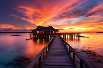 Fototapeta na wymiar Maldives sunset at luxury water villas, a dreamy beach paradise