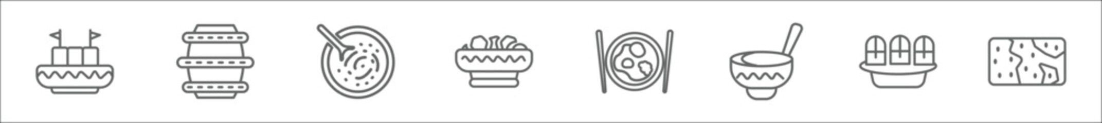 outline set of food and restaurant line icons. linear vector icons such as maria mole, beer keg, cantonese seafood soup, kung pao chicken, braised abalone, sour soup, pamonha, brittle