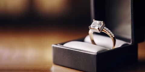 Close-up photo of a luxurious ring and charming diamond jewels in an open box. Generative AI - obrazy, fototapety, plakaty