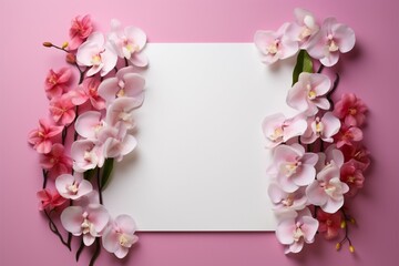 Message in petals White paper framed by orchids on pink