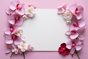 Naklejka na ściany i meble Message in petals White paper framed by orchids on pink
