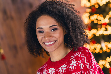 Portrait of cheerful cute girl beaming smile have good mood magic new year time illumination flat...