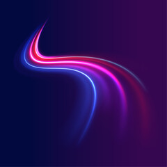 Red blue special effect, horizontal police line. Futuristic neon light line trails. bright sparkling background. Purple glowing wave swirl, impulse cable lines. Long time exposure. Vector.	