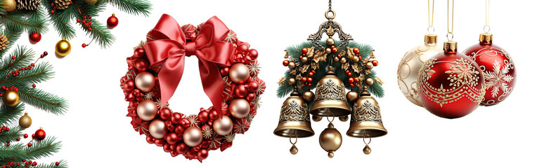 Adornos y ornamentos de Navidad sobre fondo transparente. Objetos y elementos navideños. - obrazy, fototapety, plakaty
