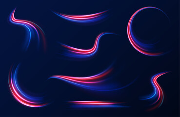 Red blue special effect, speed police line. Dynamic purple slow shutter speed effect. Abstract luminescent lines vector illustration.	
