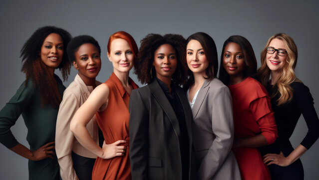 Group of elegant diverse professional women in stylish attire, standing together confidently. Representing different backgrounds, they embody unity, empowerment and the essence of modern leadership