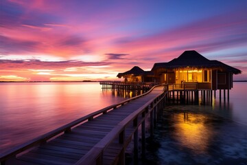 Fototapeta na wymiar Maldives charm sunset, water villas, sandy shores for a dream vacation