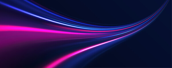 	
Acceleration speed motion on night road. Illustration of light ray, stripe line with blue light, speed motion background. Glitter blue wave light effect.	