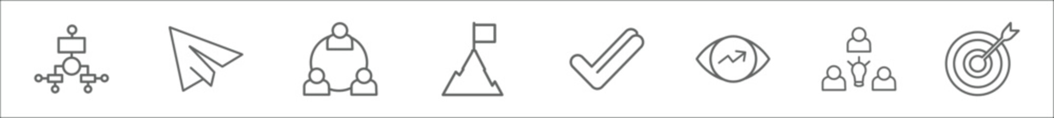 outline set of strategy line icons. linear vector icons such as flowchart, paper plane, collaboration, success flag, valid, vision, team, target - obrazy, fototapety, plakaty