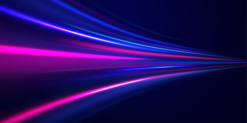 Expressway, the effect of car headlights. Low-poly construction of fine lines. Blue background. Elegant bright neon linear wave. - obrazy, fototapety, plakaty