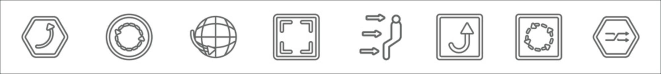 outline set of user interface line icons. linear vector icons such as spinning left arrow, looping arrows, worldgrid, size, air outlet, swirly arrow pointing upwards, looping arrows with broken