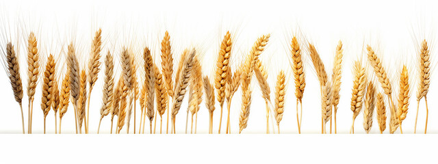 a group of golden panorama, yellow wheat ears isolated on a white background row.