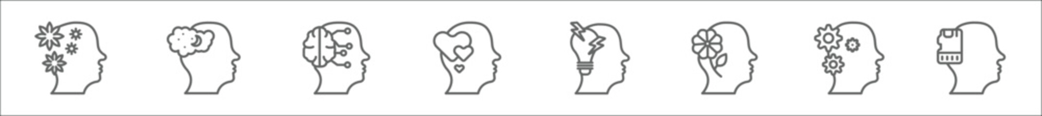 outline set of brain process line icons. linear vector icons such as relaxation, dreaming, brain process, feelings, brainstorm, relax, opportunities, memory